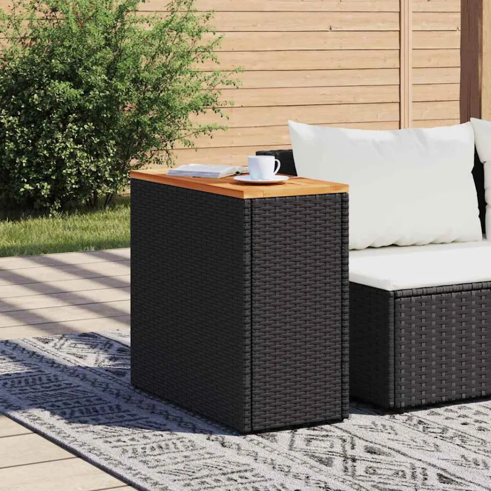 vidaXL Tuintafel met houten blad zwart 58x27,5x55 cm poly rattan, foto 2