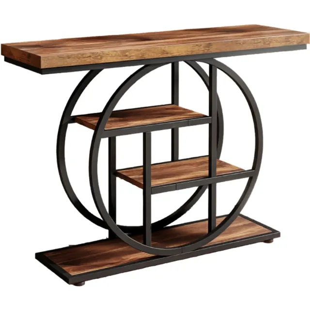 UFTA Consoletafel - Bijzettafel - Industriële Banktafel voor de Woonkamer - Gangtafel - 4 Tier Instaptafel - 105 x 80 x 30 cm Donker/Rustieg Bruin