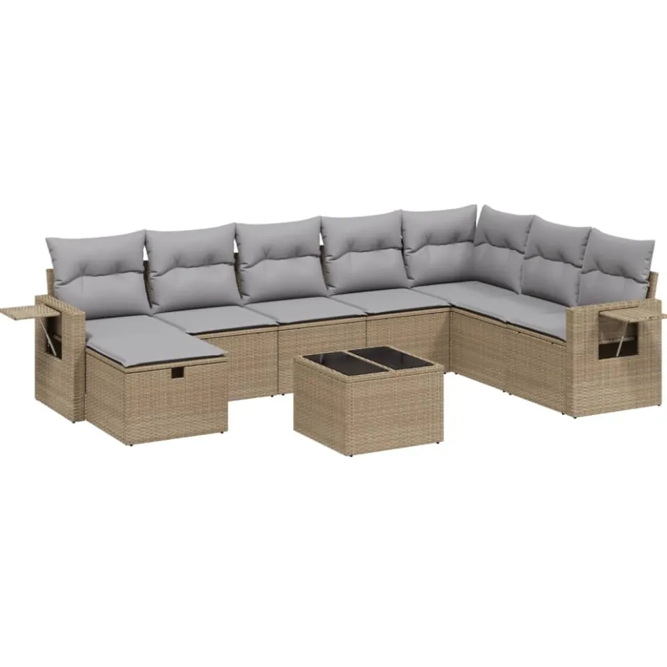 vidaXL 9-delige Loungeset met kussens poly rattan gemengd beige
