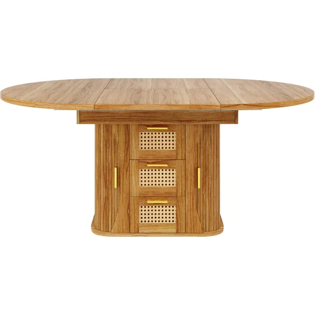 SONNENH Uitschuifbare ronde eettafel met laden in PE-rotanlook - 118 tot 158 cm - Eikenhoutlook