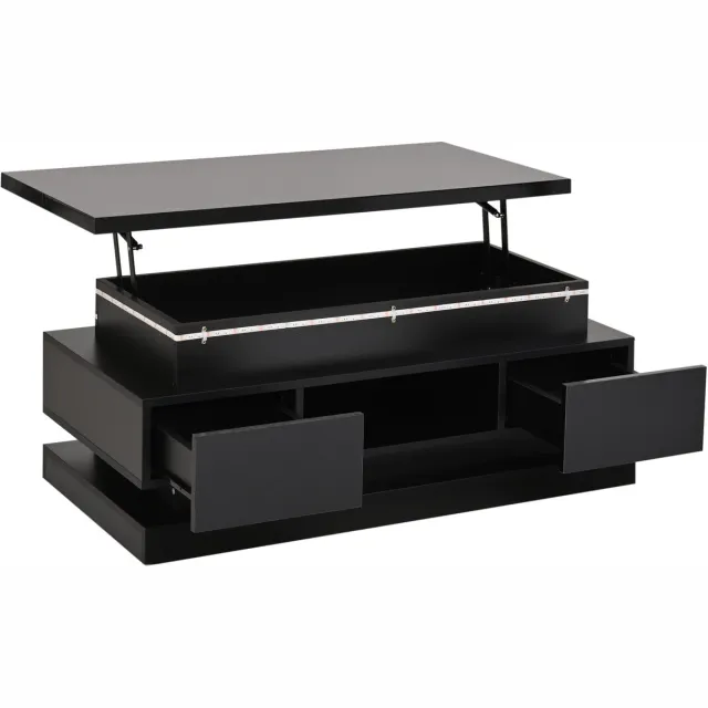 MUVANO Zwarte salontafel met led - Salontafel in de hoogte verstelbaar - Salontafel met lades - 100x50x40 cm - Opbergruimte - Woonkamer Zwart