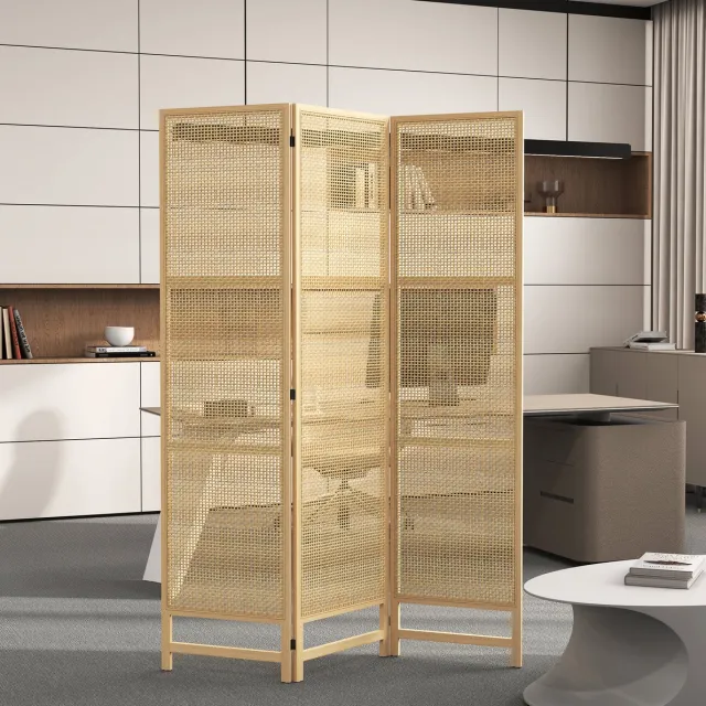 REDOM Kamerscherm / Paravent - 3-delig opvouwbaar - 6 metalen scharnieren - handgeweven stijl - woonkamer, slaapkamer of kantoor - hout en kunststof - Naturel - 135 x 180 cm Natural Wood