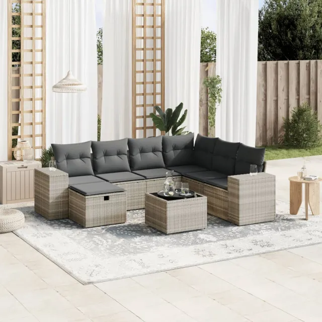 vidaXL 8-delige Loungeset met kussens poly rattan lichtgrijs grijs, foto 2