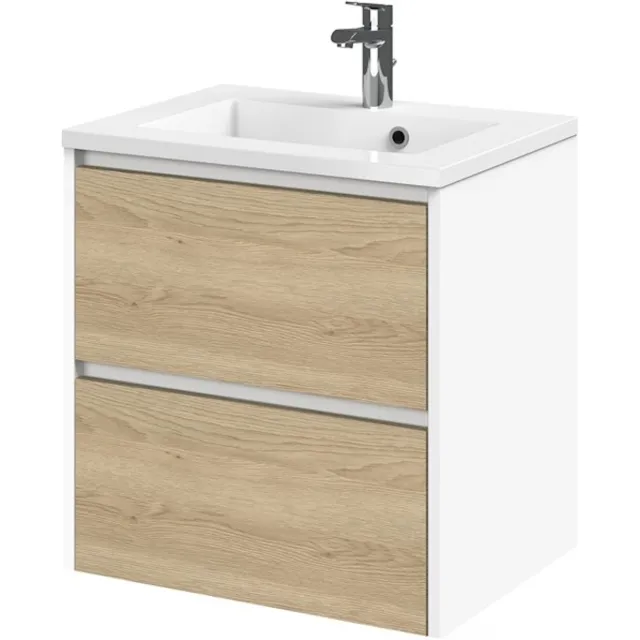 Tiger Reverse Meubelset 60 cm met 2 lades Naturel eik - Mat wit incl Quadro wastafel Hoogglans wit - 800316 Eiken