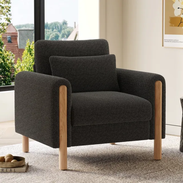 REDOM Fauteuil - Niet verstelbaar - Armleuningen - Afneembaar zitkussen - Moderne stijl - Woonkamer, slaapkamer of kantoor - Teddy stof - Donkergrijs - 87 x 83 x 88,5 cm