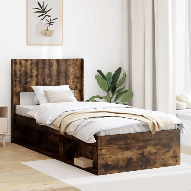 vidaXL Bedframe met opbergruimte en hoofdbord Gerookt eiken Bruin