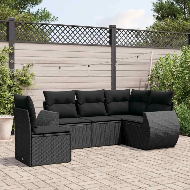 vidaXL 5-delige Loungeset met kussens poly rattan zwart, foto 2