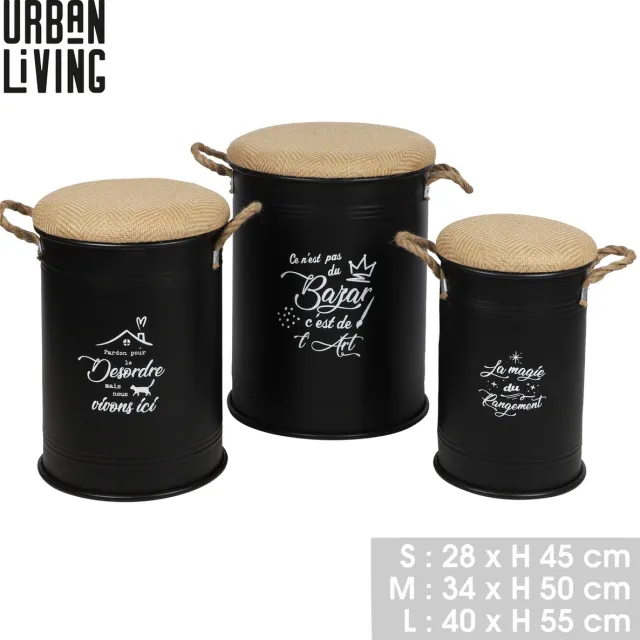 Urban Living "LOFT & METAL" VATPOEFS MET JUTEN ZITTING - SET VAN 3 - S: Ø28 x H45 CM - M: Ø34 x H50 CM - L: Ø40 x H55 CM zwart met natuurlijke juten zitting