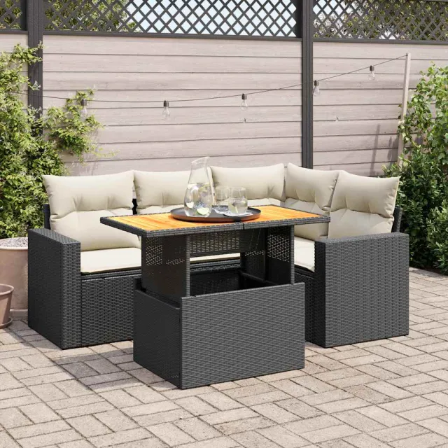 vidaXL 5-delige Loungeset met kussens poly rattan zwart, foto 2
