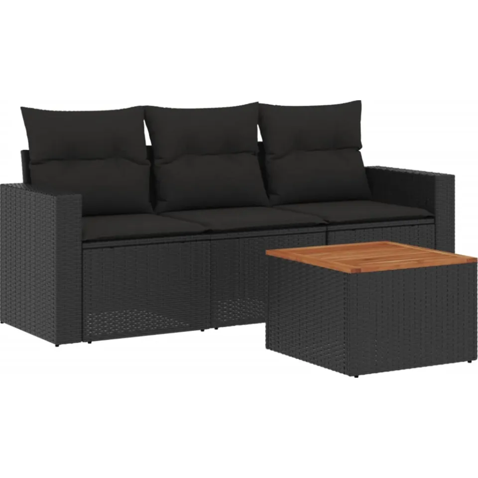 vidaXL 4-delige Loungeset met kussens poly rattan zwart, foto 3