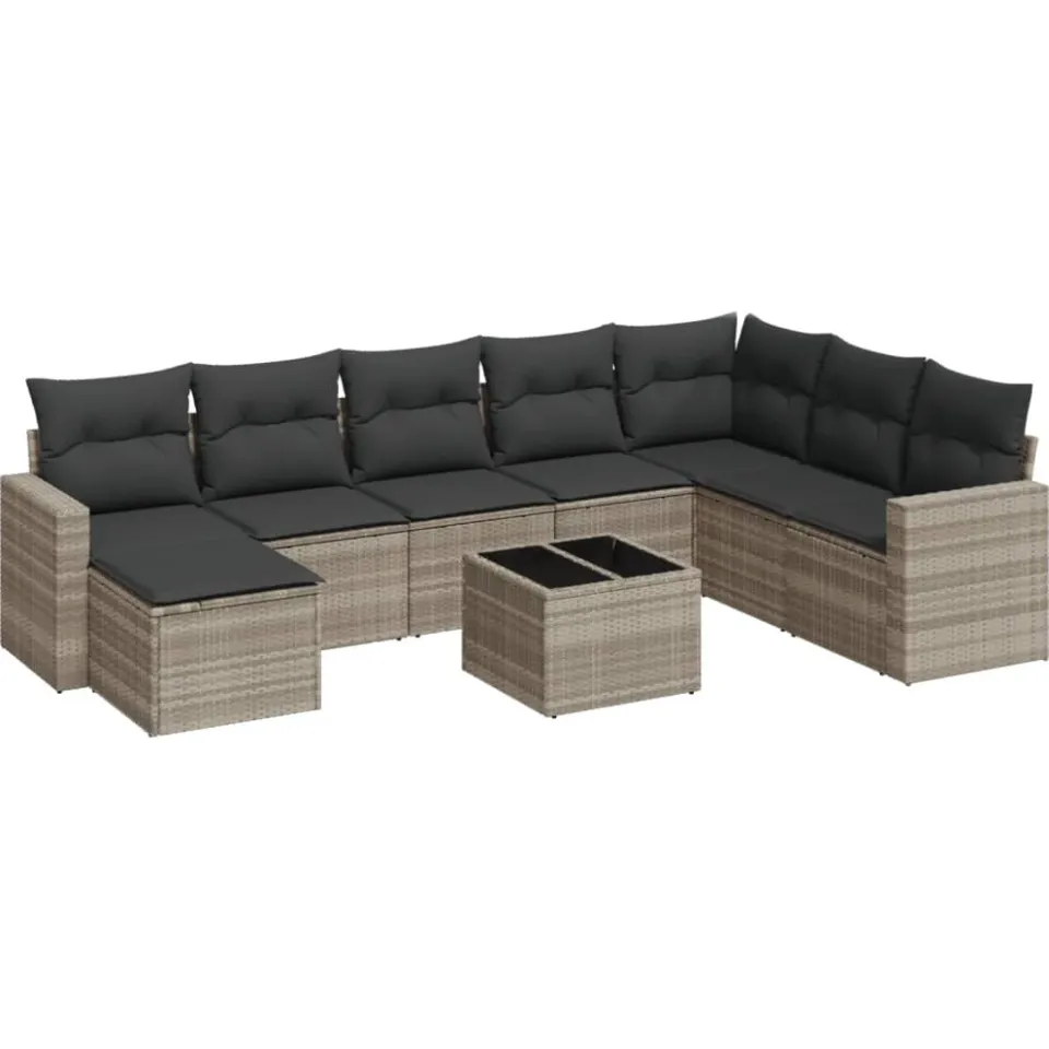 vidaXL 9-delige Loungeset met kussens poly rattan lichtgrijs