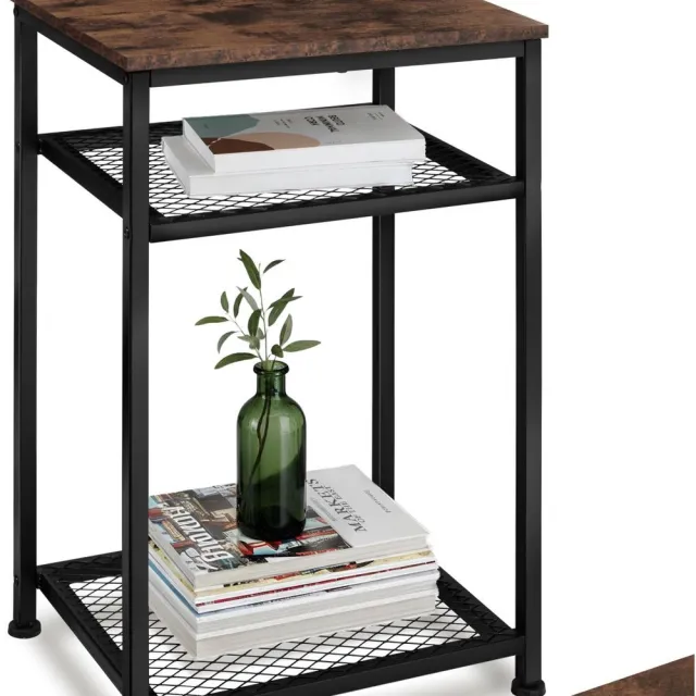 Tectake Bijzettafel van Hout en Metaal – Industrieel Design, Salontafel met 3 Niveaus, Inclusief 2 Gaasplanken, Zwart Metalen Frame – Industrial Dark Brown Donkerbruin - Rustiek
