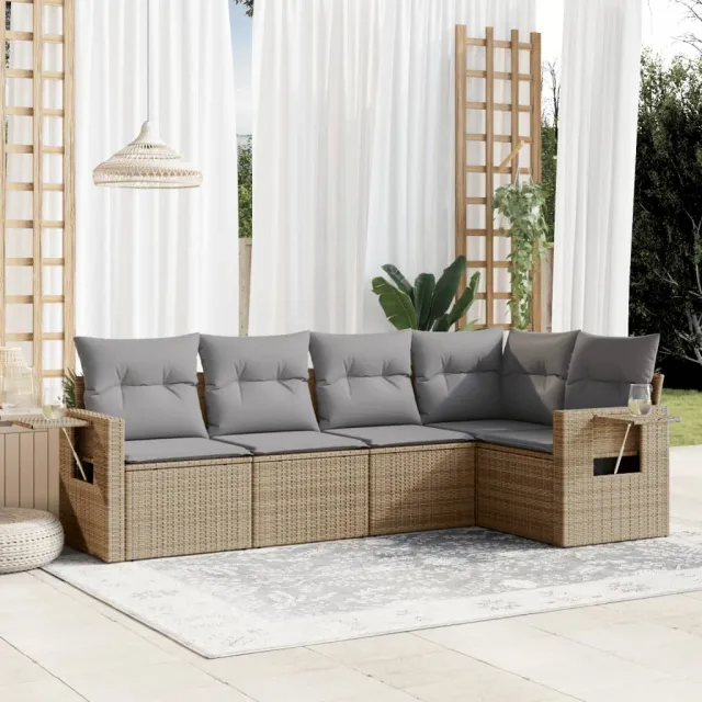 vidaXL 5-delige Loungeset met kussens poly rattan beige, foto 2