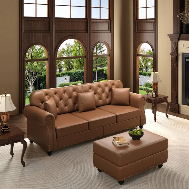 REDOM Chesterfield bank 3-zits 210 cm - Kunstleer met hocker en 3 kussens - Bruin