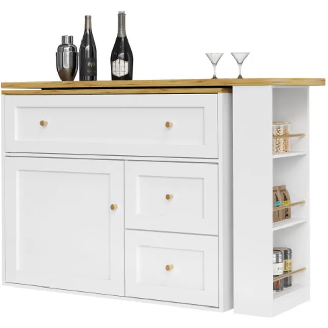 in& out door furniture Uitschuifbare bar met opbergruimte (138-204×39×105 cm), keukenkast, sideboard met snackplank, telescopische bar, sta-tafel bistrotafel hoge tafel keukeneiland wit