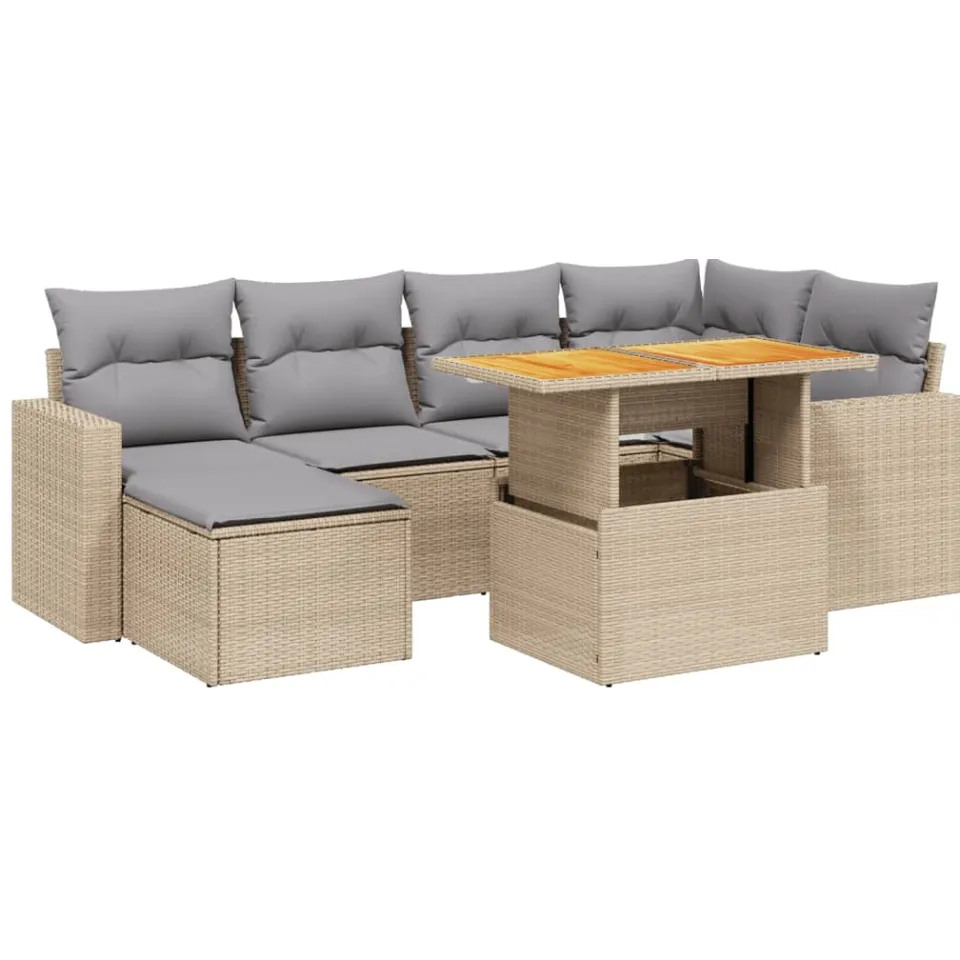 vidaXL 7-delige Loungeset met kussens poly rattan beige, foto 3