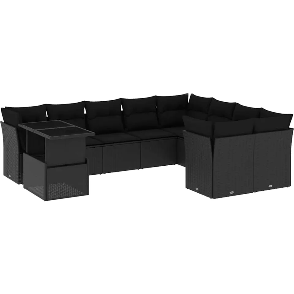 vidaXL 10-delige Loungeset met kussens poly rattan zwart, foto 3