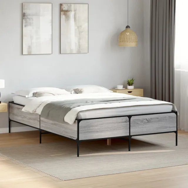 vidaXL Bedframe bewerkt hout metaal grijs sonoma eiken 150x200 cm