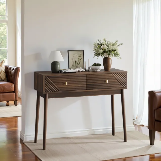 Wishdor Sidetable met twee lades - Golvend ladefront en ruim tafelblad - Retro vormgeving - Voor hal woonkamer slaapkamer eetkamer en kantoor - MDF en hout - Walnootkleur - 35 x 100 x 80 cm