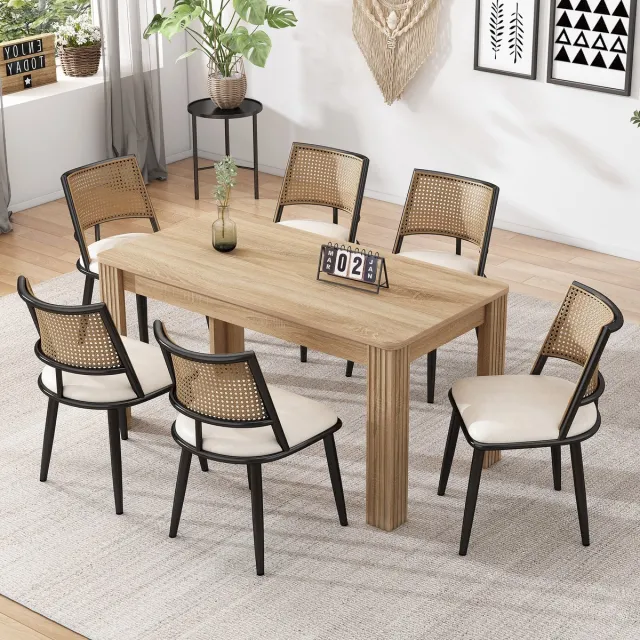 MODENUIT Eetkamerstoel – Set van 6 – Met Rattan Rugleuning en PU Zitting – Voor Eetkamer en Woonkamer – Zwart