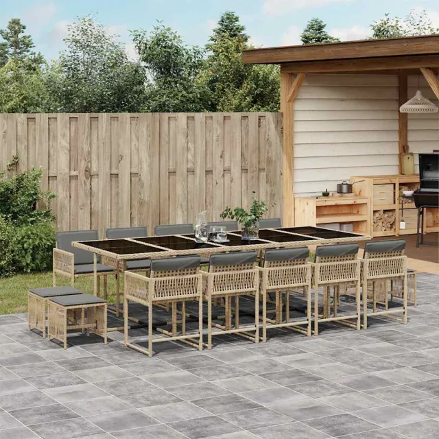 vidaXL 15-delige Tuinset met kussens poly rattan gemengd beige, foto 2