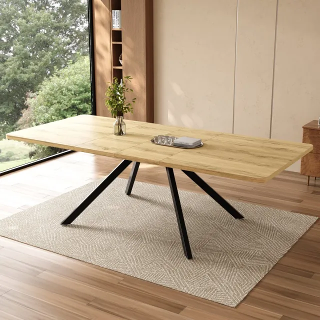 MIVRAY Uitschuifbare Eettafel - Drie Lengtes Voor 6 Tot 10 Personen - Voor Eetkamer En Keuken - Eikenkleur MDF En Metaal - 160 Tot 240 X 90 Cm