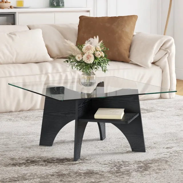 FloraGrace Salontafel Vierkant Veiligheidsglas Met Onderplank Modern Design Voor Woonkamer En Slaapkamer MDF Zwart 80 X 80 X 40 Cm