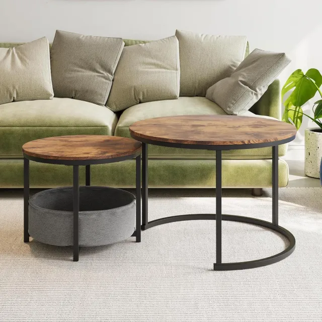 OKWISH Salontafel - 2-Delige Ronde Set - Nestbaar Voor Woonkamer - Met Opbergtas - Industrieel - Metaal En Houtlook Antique Brown - 70 cm Antiek bruin