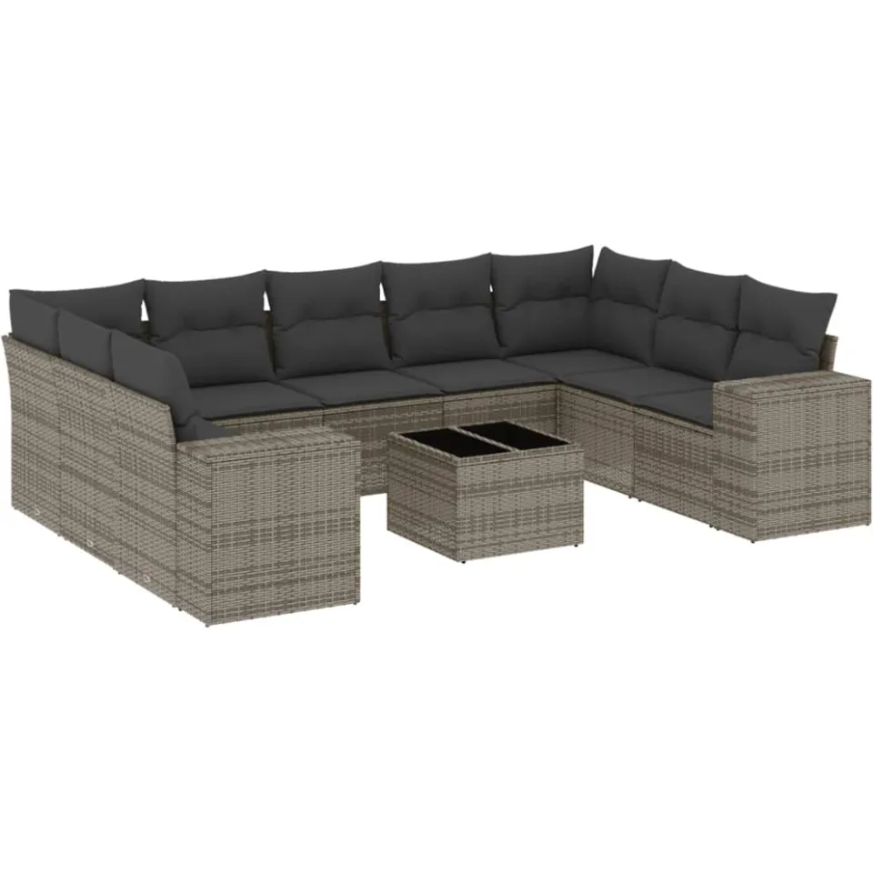 vidaXL 10-delige Loungeset met kussens poly rattan grijs