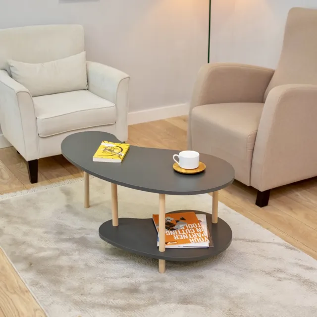 City of Wood Boonvormige salontafel met houten poten en twee planken – Tijdschriftenrek & krantenhouder - Grijs