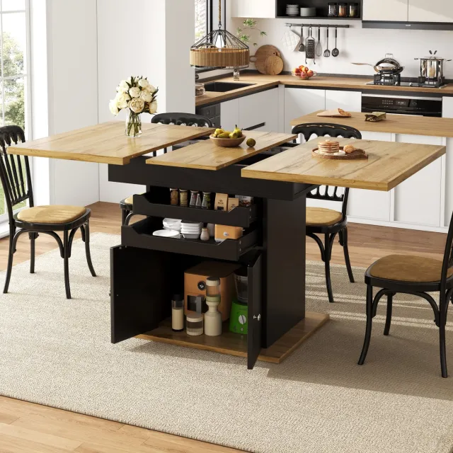 DESMIU Eettafel - Uitschuifbaar Met 2 Lades En Opbergkast - Voor Keuken En Eetkamer 4-6 Personen - MDF En Metaal - 110-140x80x76 Cm - Zwart