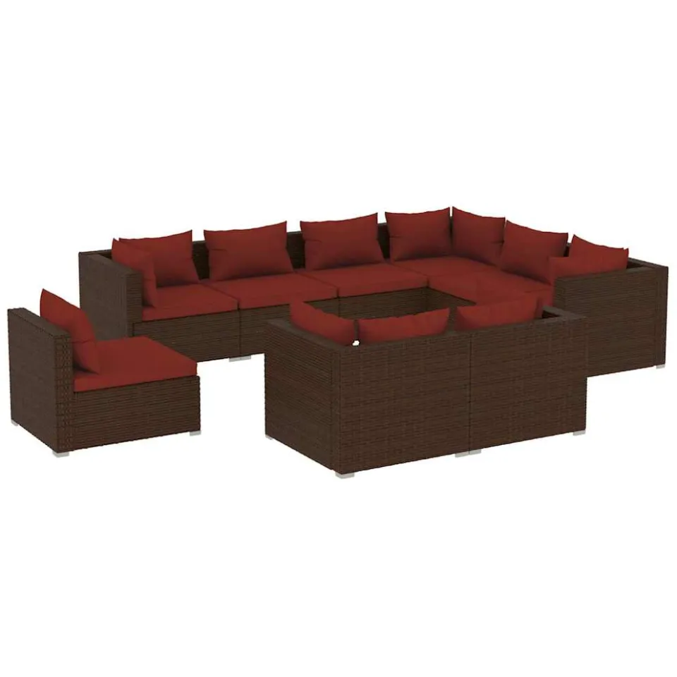 vidaXL 9-delige Loungeset met kussens poly rattan bruin