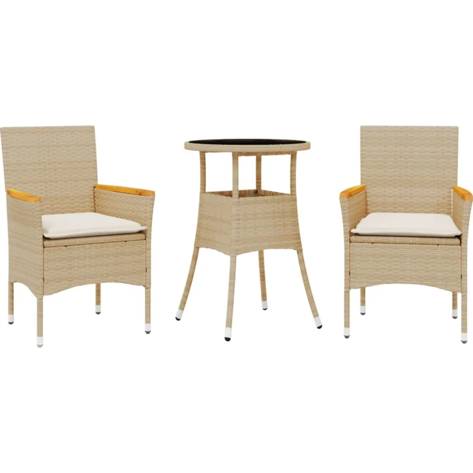 vidaXL 3-delige Tuinset met kussens poly rattan en glas beige, foto 3