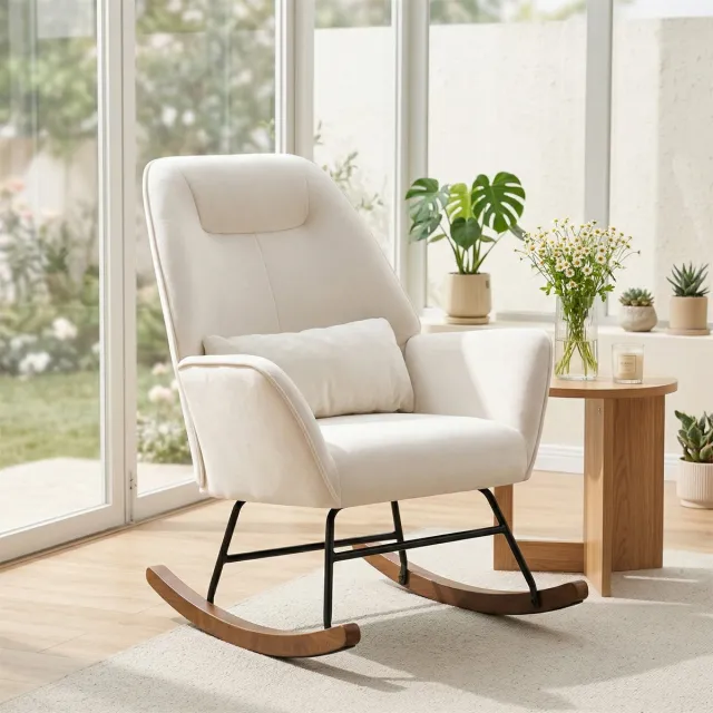 Homemiyn Schommelstoel – Crème – Teddy Velvet Relaxstoel – Moderne Voedingsstoel met Armleuningen – Max 130 kg – Ergonomische Rugleuning – Rubberhouten Poten – Voor Woonkamer & Slaapkamer Crèmewit