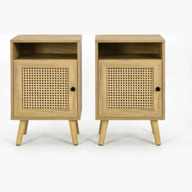 Ropilly Nachtkastje Set van 2 - Compacte Bijzettafel met Opbergruimte - Rotan en Hout - Voor Slaapkamer en Woonkamer - Natuurlijk - 39x35x60 cm