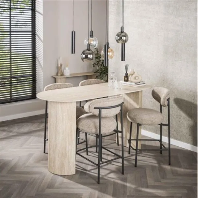 Meubelplaats Bartafel Romano arch - Travertin keramiek - 180x70x92 cm - Beige - Japandi