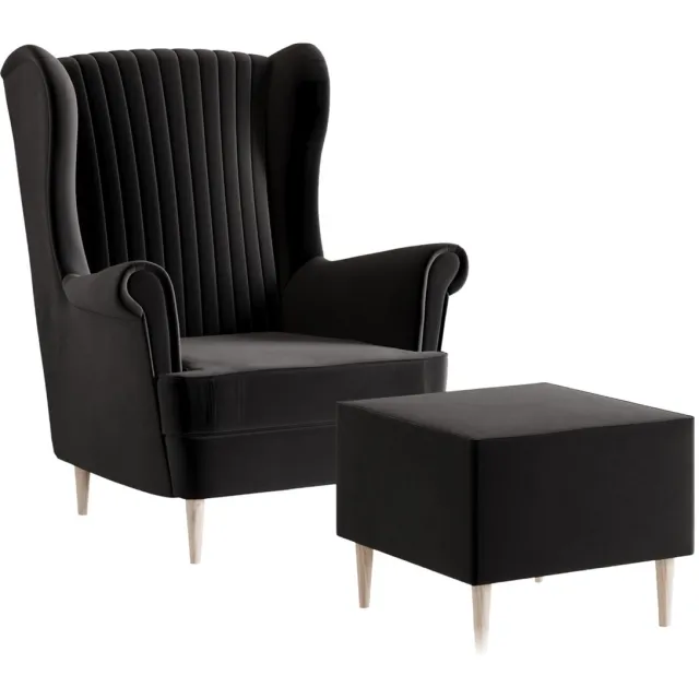 AJE Meubles B.V. Ohrensessel, fauteuil van fluweel, stoel, zitmeubel, gestoffeerde fauteuil, relaxfauteuil - Fauteuil Comfy met Hocker - Zwart (Manila 18)