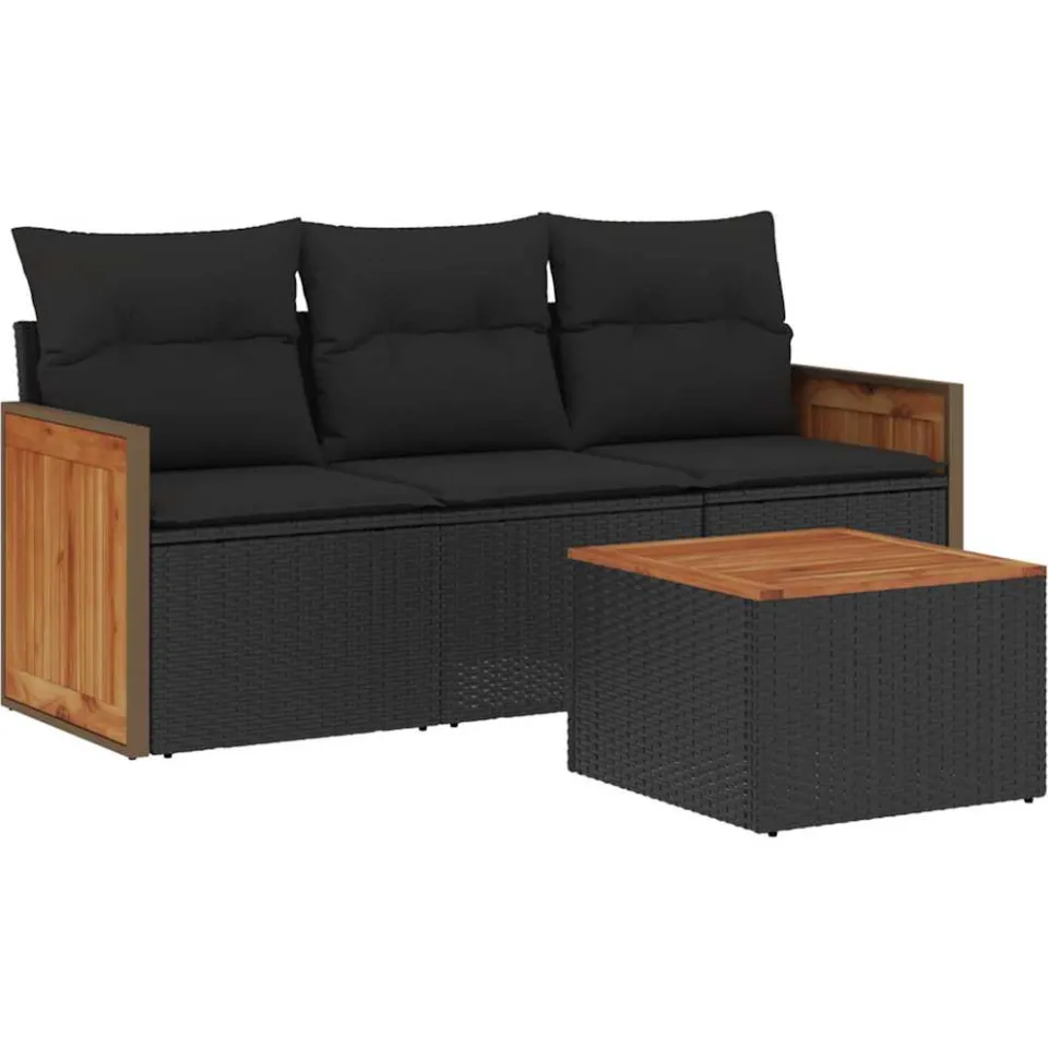 vidaXL 4-delige Loungeset met kussens poly rattan zwart, foto 3