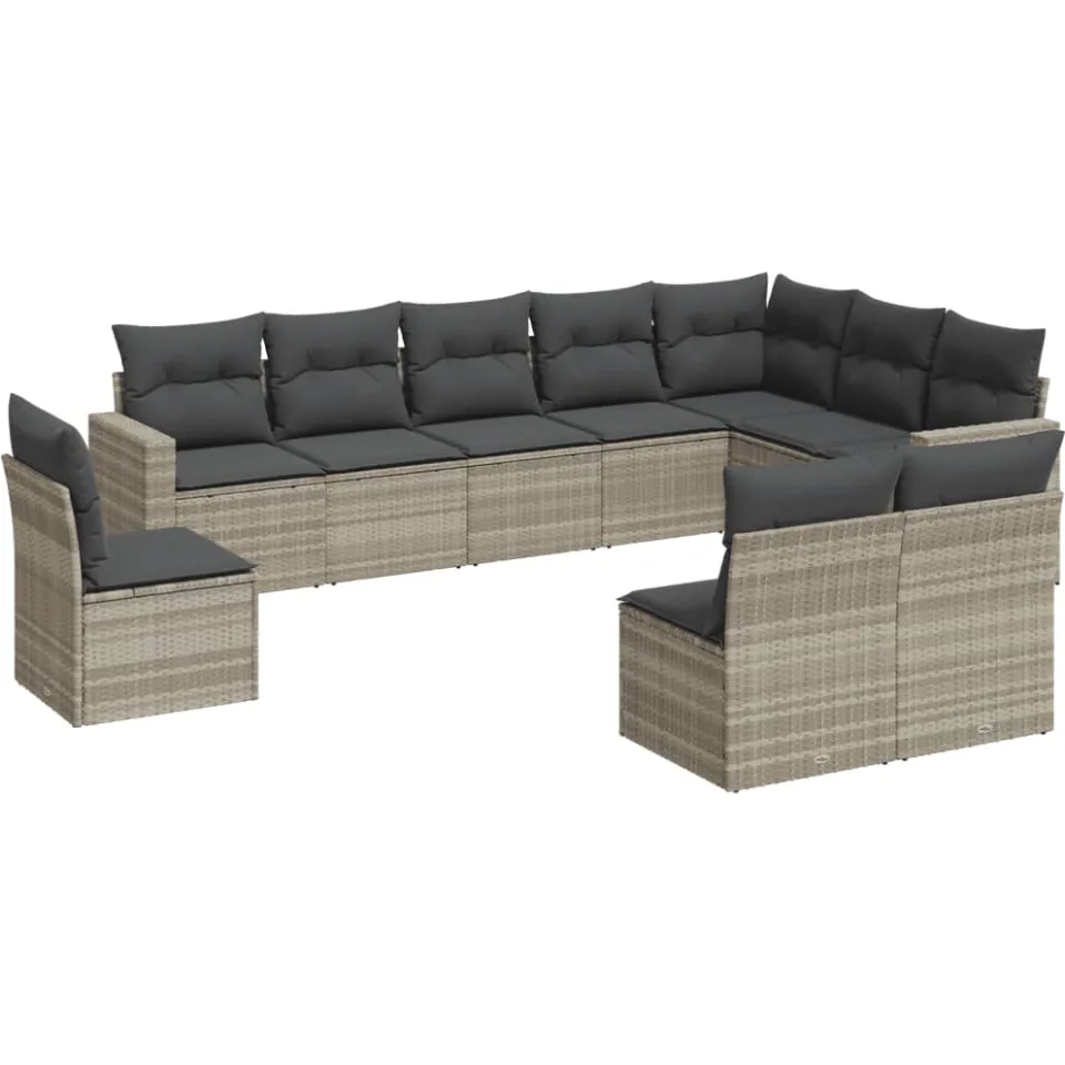 vidaXL 10-delige Loungeset met kussens poly rattan lichtgrijs grijs, foto 3