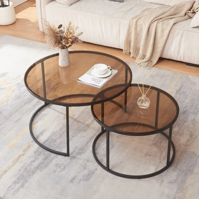 en.casa Salontafel set van 2 Kokkola rookglas bruin en zwart [en.casa]