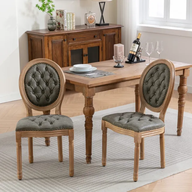 Sweiko Eetkamerstoel – Set van 2 – Frame van verouderd massief hout – Ovale rugleuning met tufting – Zitkussen van PU-leer – Olijfgroen