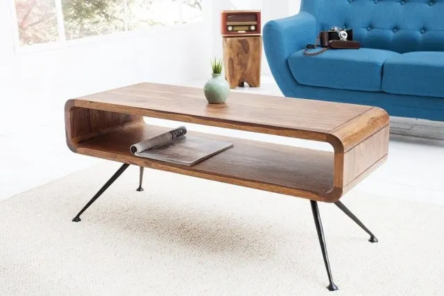 Invicta Interior Retro salontafel ALPHA 100cm Sheesham steenafwerking met massief houten plank zwarte metalen poten - 37512 Zie omschrijving