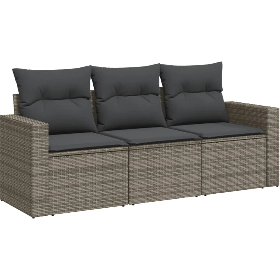 vidaXL 3-delige Loungeset met kussens poly rattan grijs, foto 3