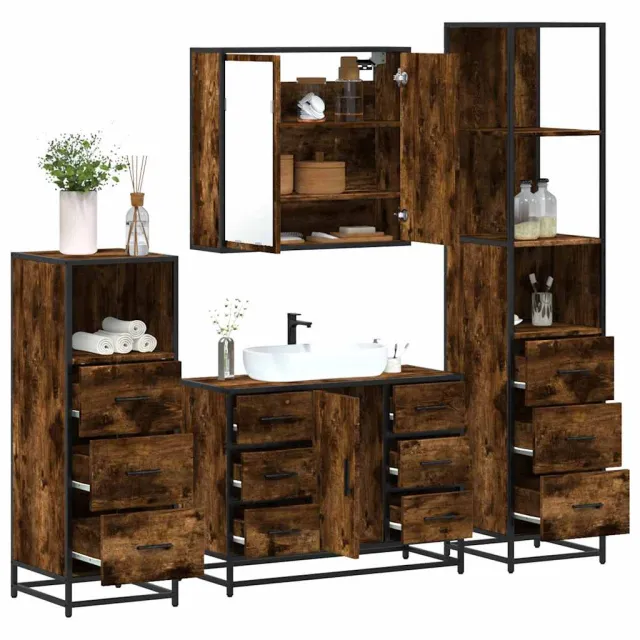 vidaXL 4-delige Badkamermeubelset bewerkt hout gerookt eikenkleurig, foto 2