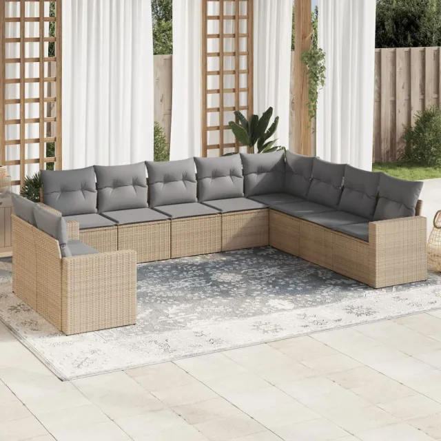 vidaXL 10-delige Loungeset met kussens poly rattan beige, foto 2