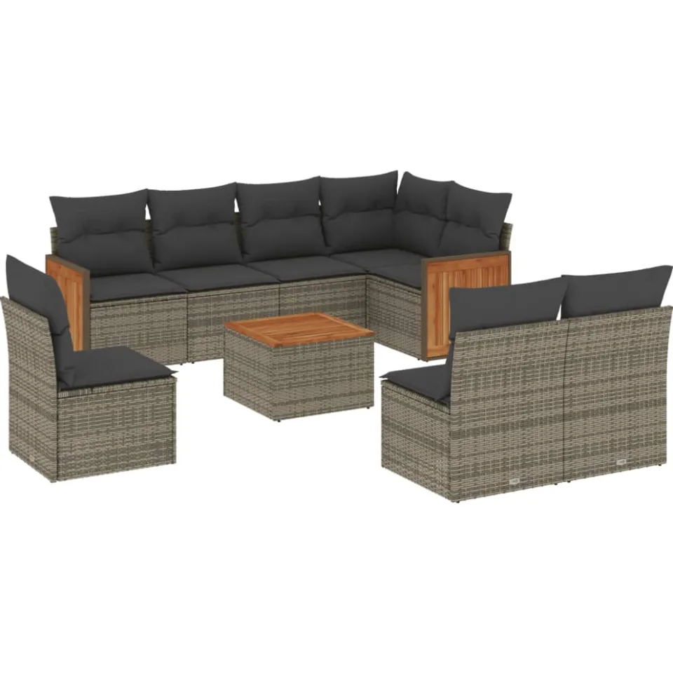 vidaXL 9-delige Loungeset met kussens poly rattan grijs, foto 3