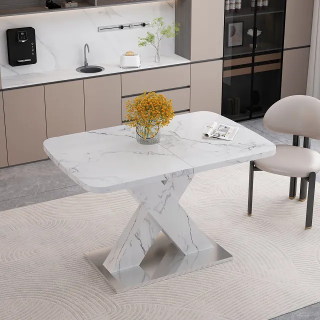 STILVORA Eettafel - Uitschuifbare Rechthoekige Tafel Met Gedrukt Wit Marmerblad En X-Poot - MDF;Metaal - 120-160x80x76.5 Cm - Wit