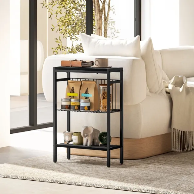 HAUSS SPOLE Bijzettafel - Industrieel Met Open Planken - Voor Woonkamer En Slaapkamer - Metaal En Spaanplaat - 43x18x62,5 Cm - Zwart