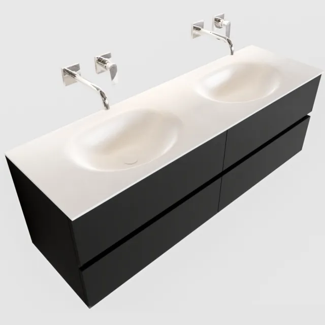 Boss & Wessing Badkamermeubel Solid Surface BWS Stockholm 150x45 cm Mat Zwart Urban Dubbel (0 kraangaten, 4 lades)