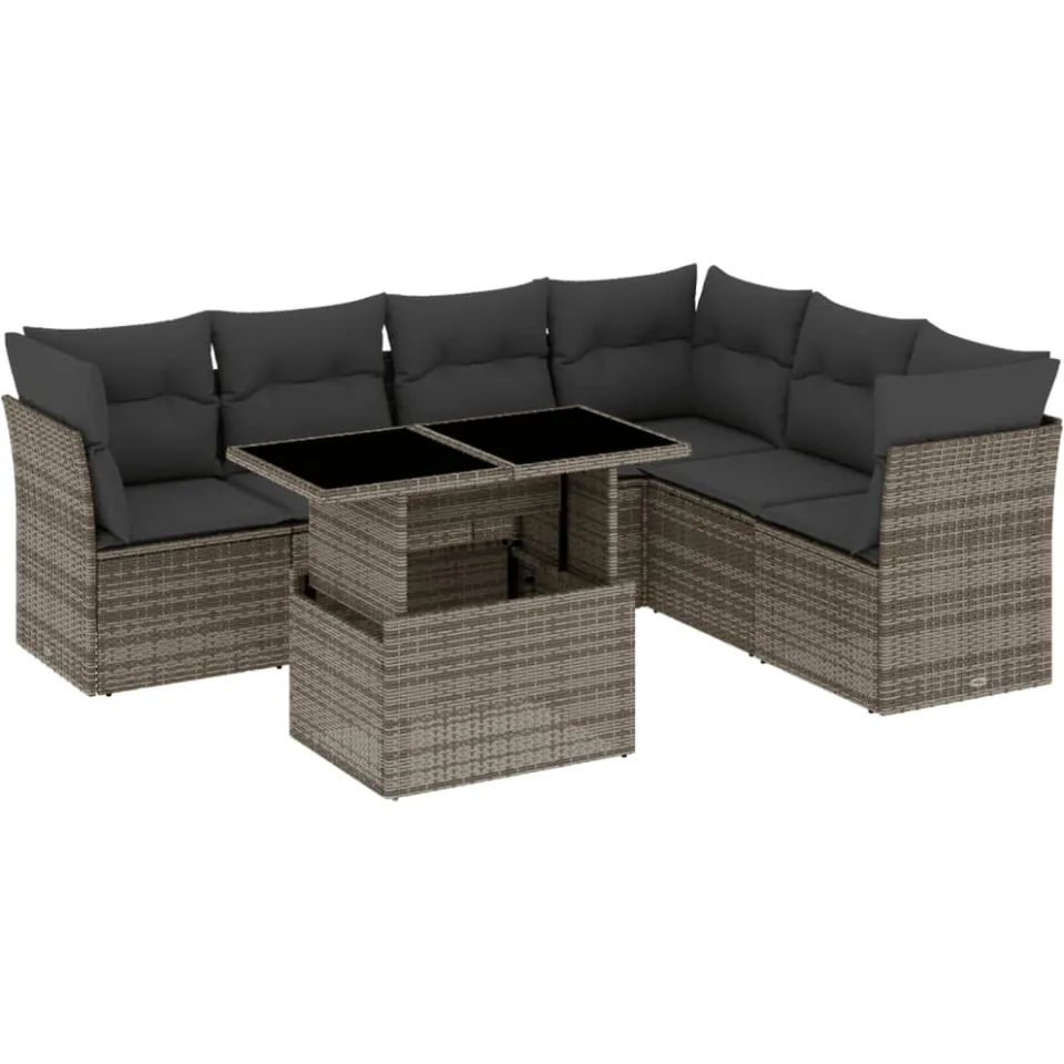 vidaXL 7-delige Loungeset met kussens poly rattan grijs